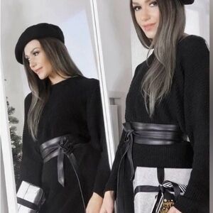 Chic brown Knit Sweater Dress with Obi Belt